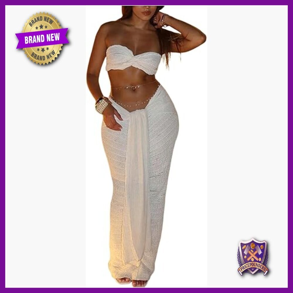 Strapless Bandeau Crop Top and Tie Front Maxi Skirt Set, Polyester Blend